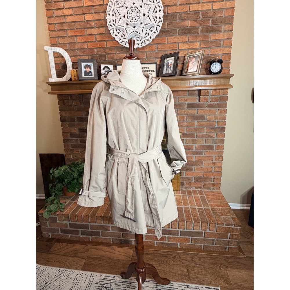 Cynthia Rowley Trench Coat Women Tan Hooded Belted Full Zip XL